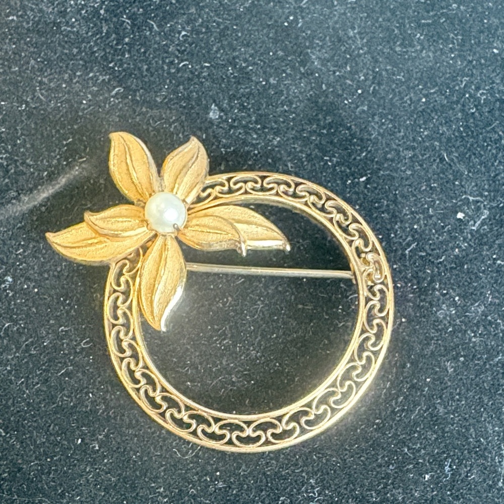 Liberty Gold Floral Brooch with Pearl Accent